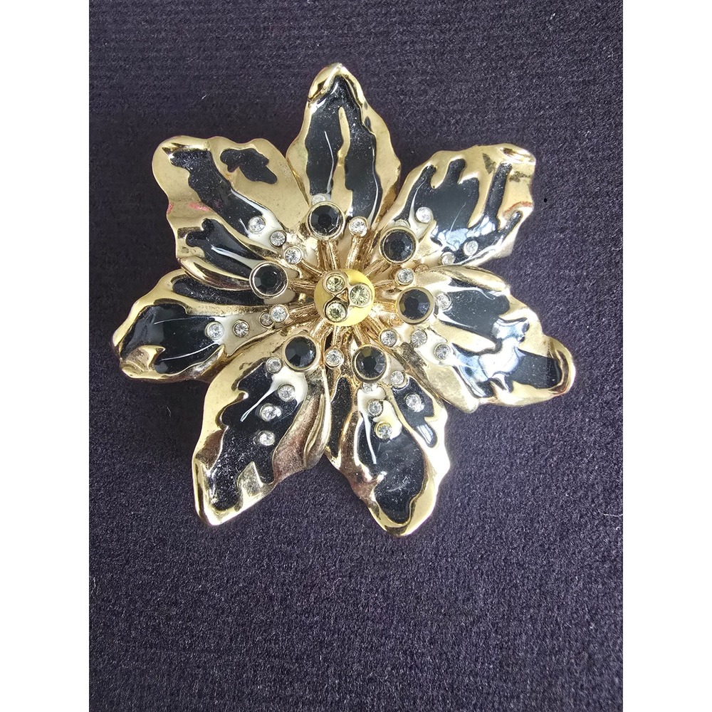 Vintage Gold Tone Black White Enamel Rhinestone Flower Brooch Statement Pin 2"